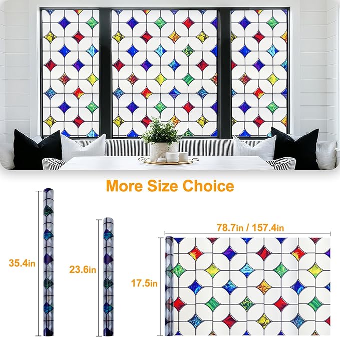 Stained Glass Window Film - Non-Adhesive Colorful Privacy Film | Privacy Protection, Reusable & Renter Friendly | Perfect for Bedroom/Bathroom Room Decor(Frosted Mosaic, 17.5 X 157.4 in)