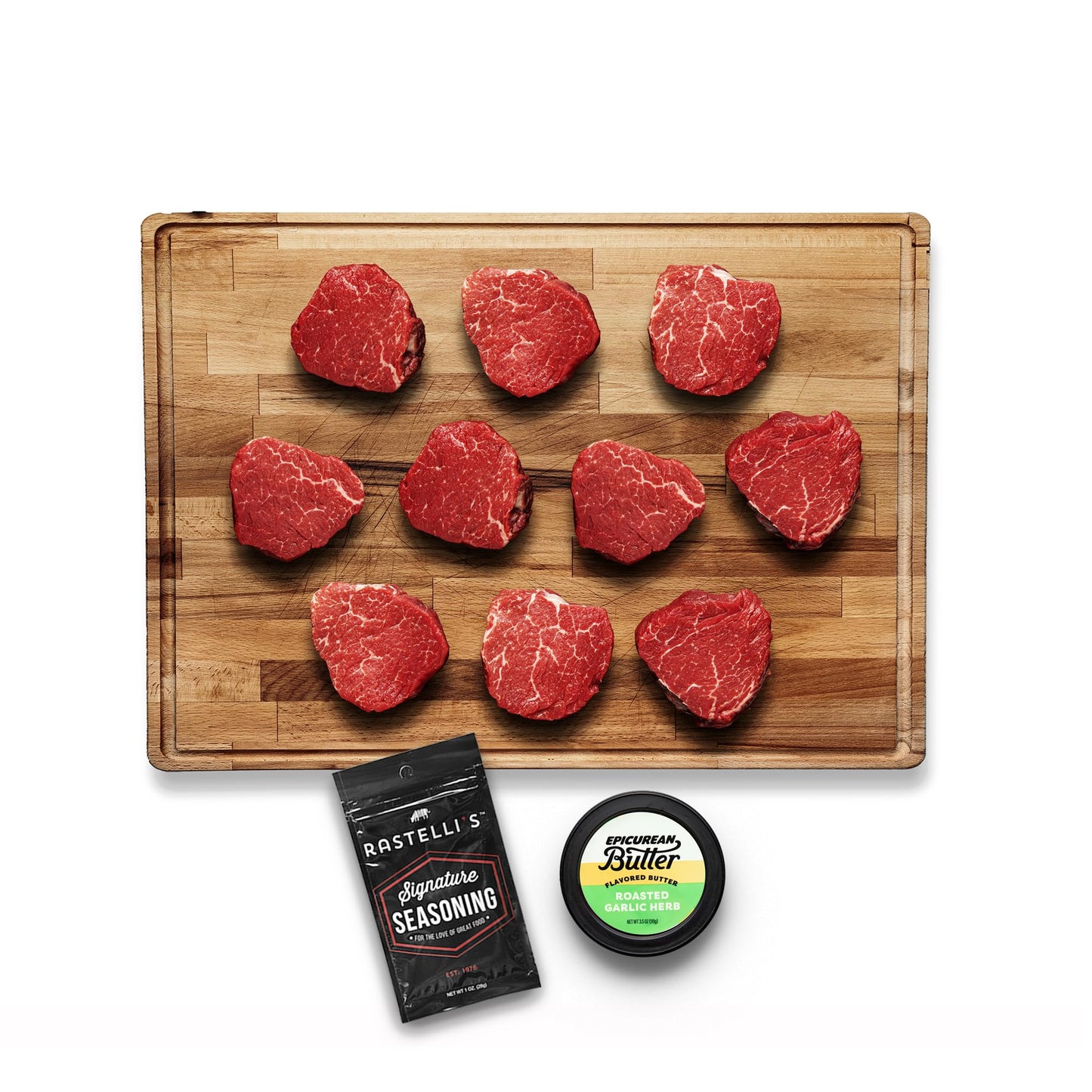 Rastellis Black Angus Beef Filet Mignon Steaks (10 ct) 5 oz Portions With Butter 3.125 lbs. Total
