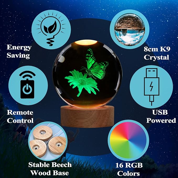 Butterfly Crystal Night Light, Butterfly Gifts, K9 3.15 Inch(80mm) Crytstal Lamp with 16 Colors Remote Upgraded Lamp Gifts for Women Wife Girlfriend