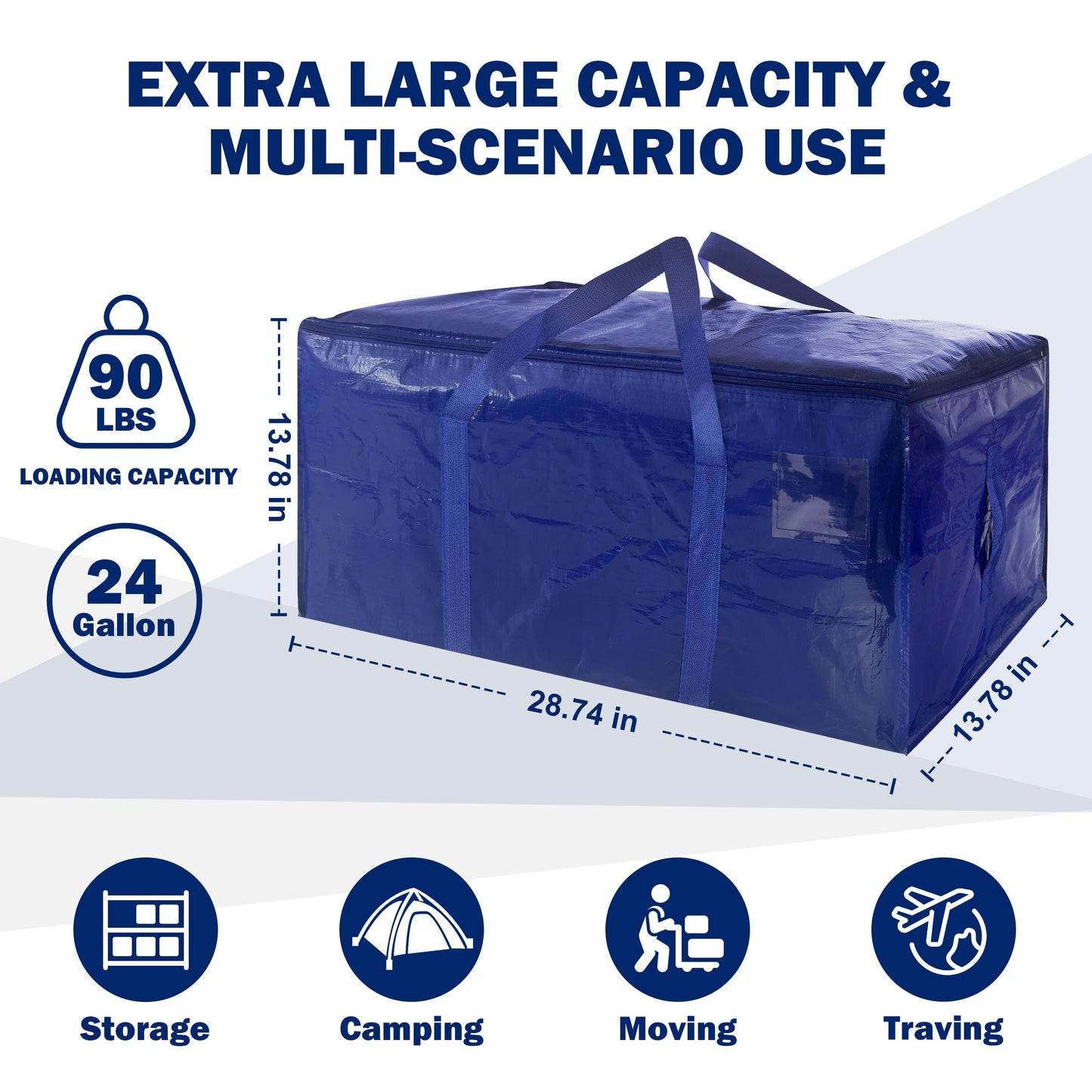12 Pack Extra Heavy Duty Large Moving Bags with Strong Zipper & Carrying Handles, Sturdy Clothes Storage Bags Totes Bins, Packing Bag Move Boxes College Moving Supplies, Dark Blue - 24 gal