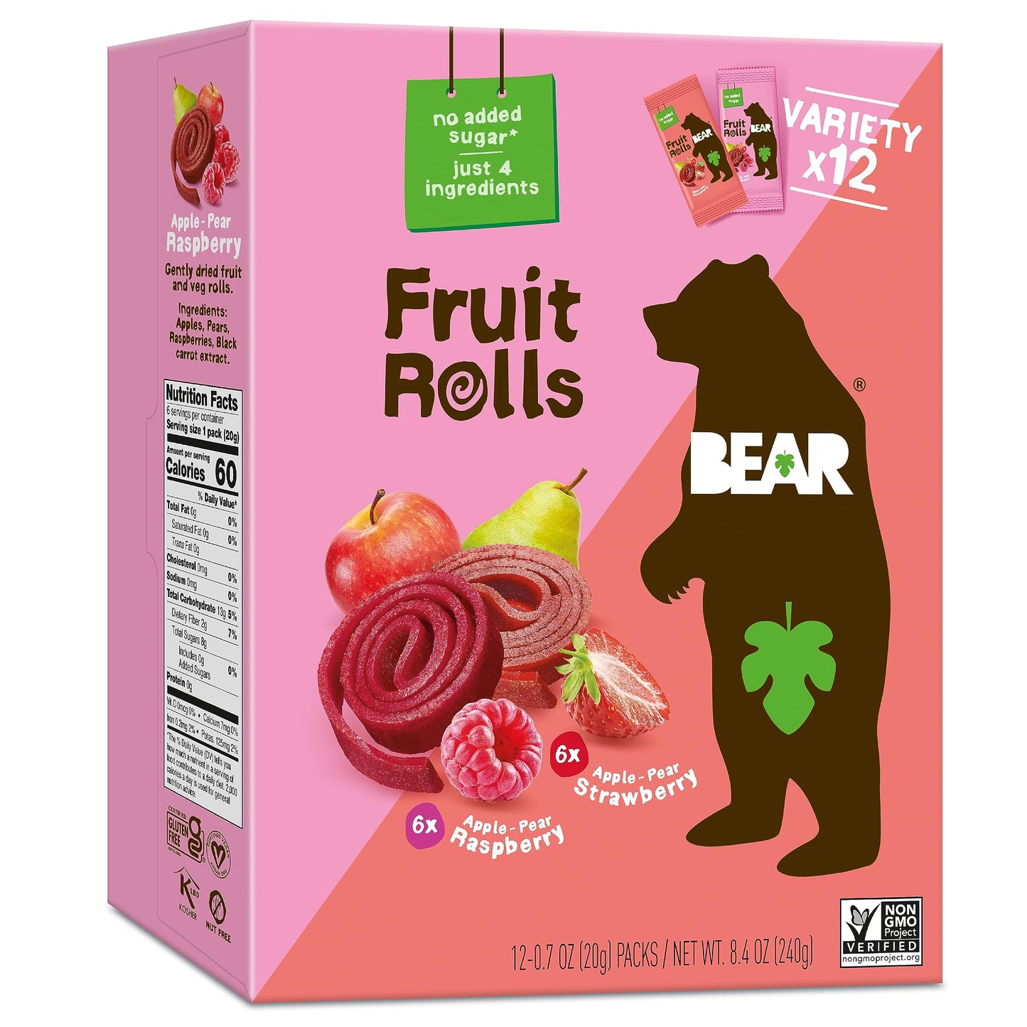 Bear Yoyo Fruit Rolls Variety Pack, Apple-Pear Strawberry, Apple-Pear Raspberry, No Added Sugar, Vegan Friendly, Kosher, Gluten