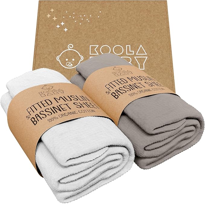 Bassinet Fitted Sheets - Compatible with Fodoss, Mika Micky & Dream on Me Poppy Traveler Bassinet | 100% Organic Muslin Cotton - White + Grey | 32x19 (2 Pack)