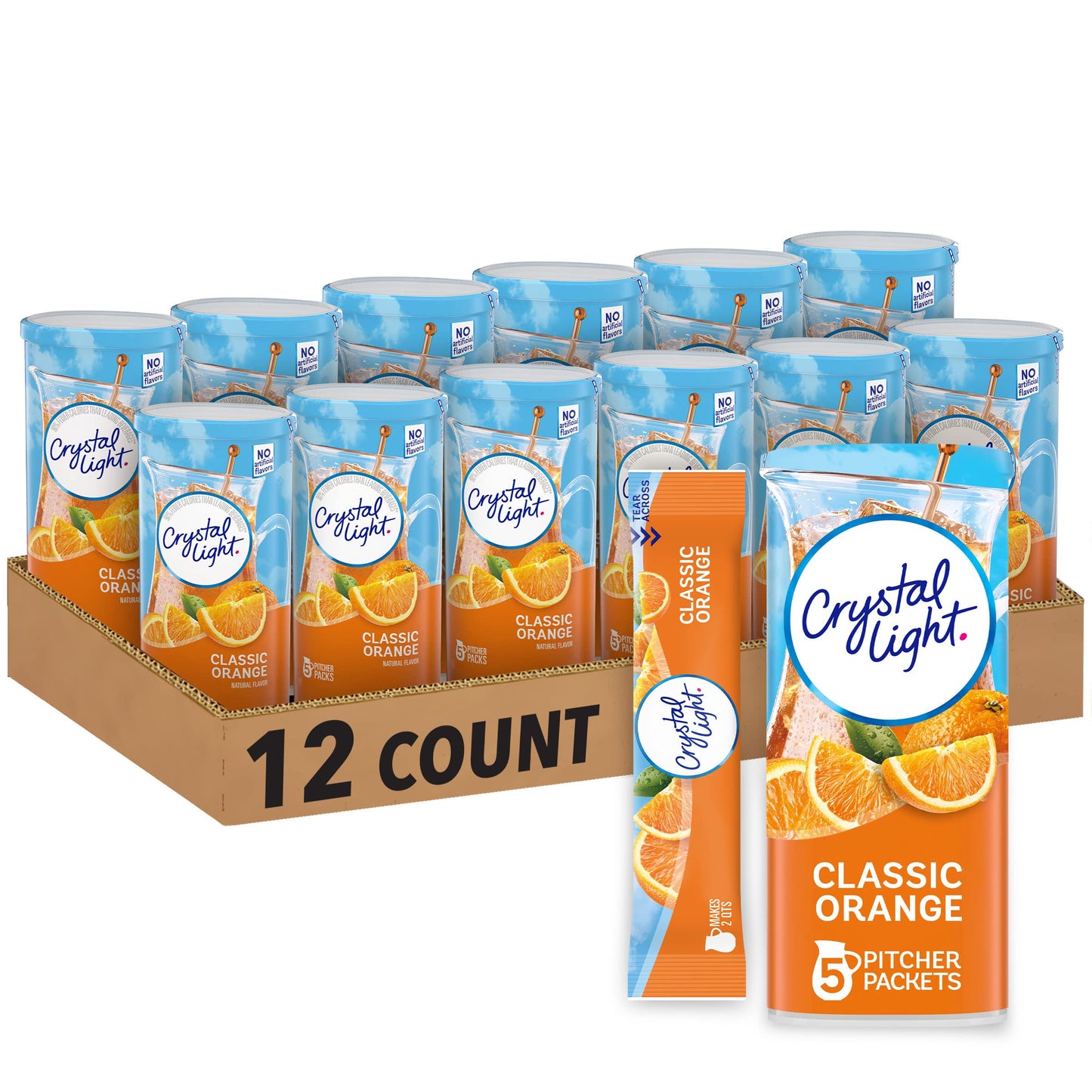 Crystal Light Classic Orange Naturally Flavored Powdered Drink Mix, 60 ct Pack, 12 Canisters of 5 Pitcher Packets 5 Count (Pack