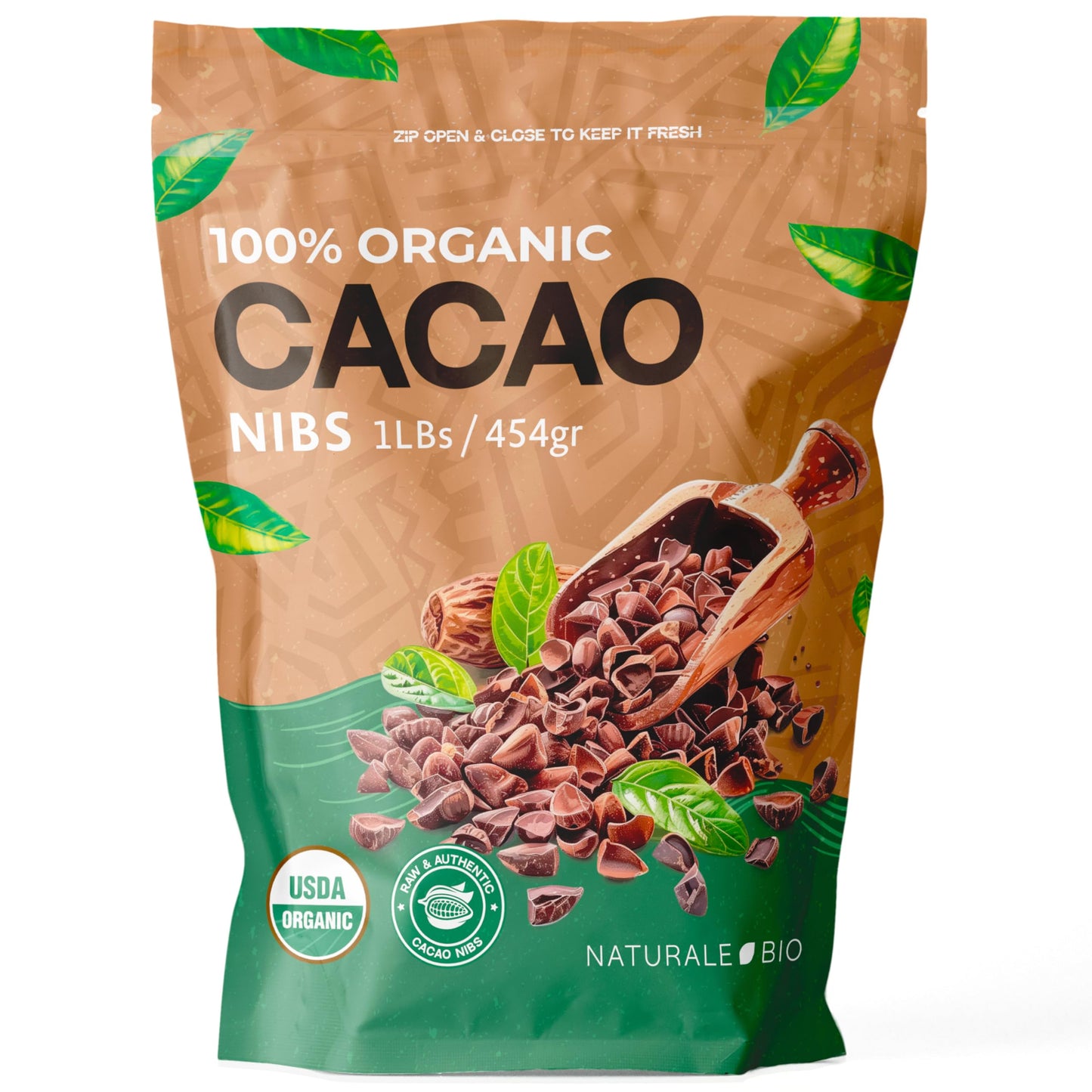 NaturaleBio Organic Raw Cacao Nibs 1 lb. Natural and Pure. Made in Tropical Regions from The Theobroma Cacao Plant. Source of Ma
