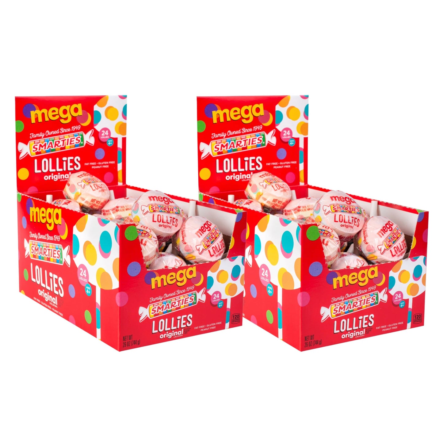 Smarties Double Lollies Mega - Gluten Free Peanut Free Fat Free Assorted Fruity Flavors Lollipops - Perfect for Birthdays Parties - Made by US Candy Company Since 1949-24 Count Box (Pack of 2)
