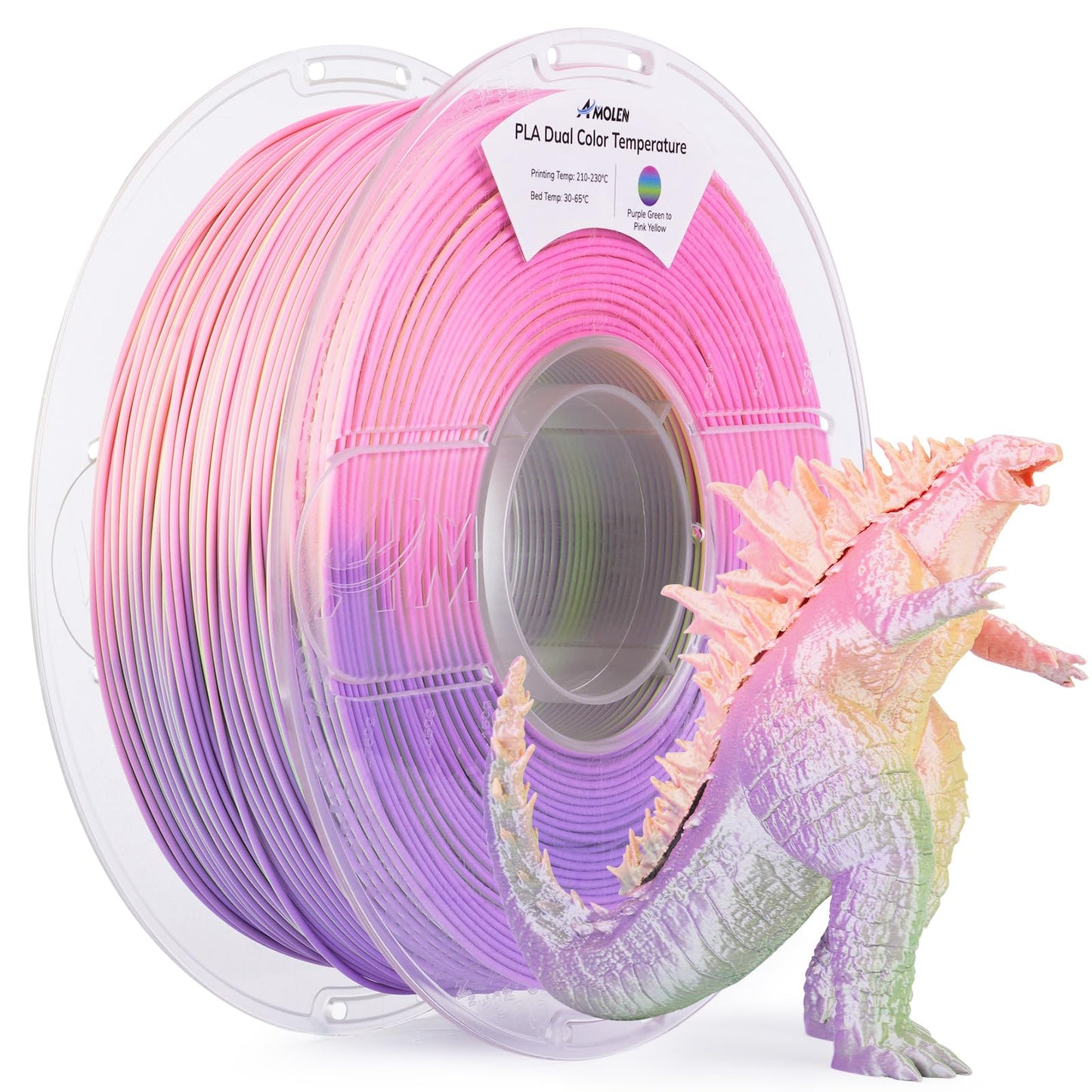 AMOLEN 3D Printer Filament, Dual Color Temp Change Purple Green to Pink Yellow PLA Filament 1.75mm, Heat Color Change with Tempe