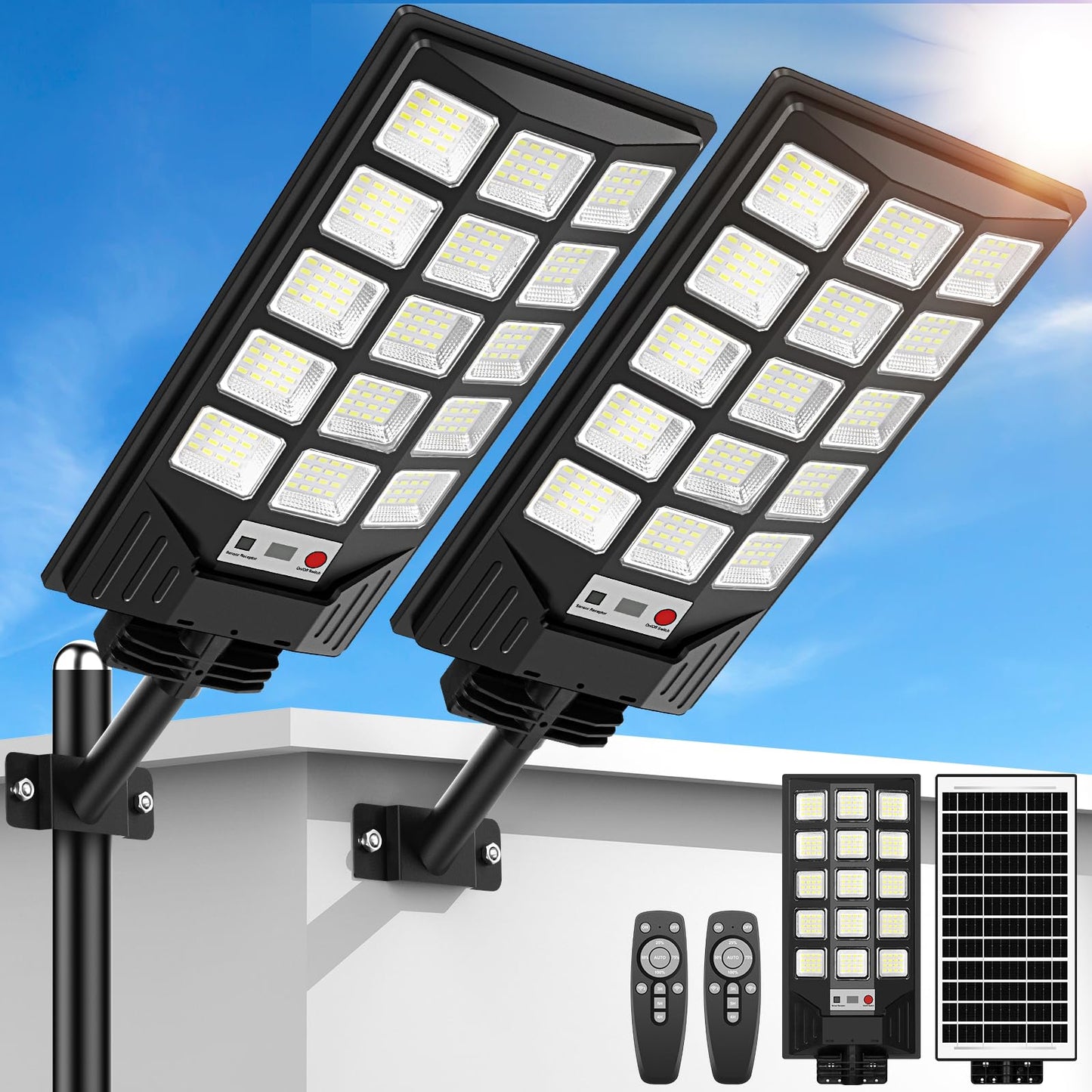Solar Street Lights Outdoor Waterproof, 30000LM 6500K LED Motion Sensor Lights, Solar Flood Lights with Remote, Dusk to Dawn Sol