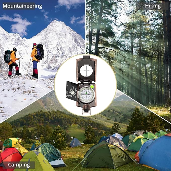 Compass Hiking Survival, IP65 Waterproof Metal Compass with Sighting Clinometer and Carry Bag, Multifunctional, Professional, for Camping Hunting Hiking Navigation