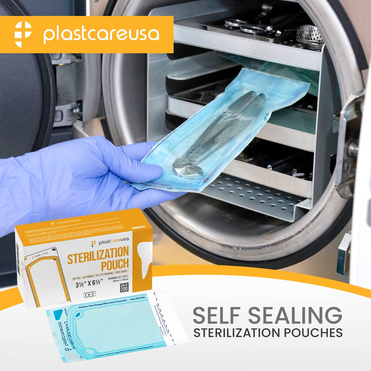 200 3.5 X 5.25 Self Sealing Sterilization Pouches - Autoclave Sterilizer Bags Pouch for Sterilizing Dental Medical Instruments & Cleaning Tools - Latex-Free, Color Changin Indicator by PlastCare USA