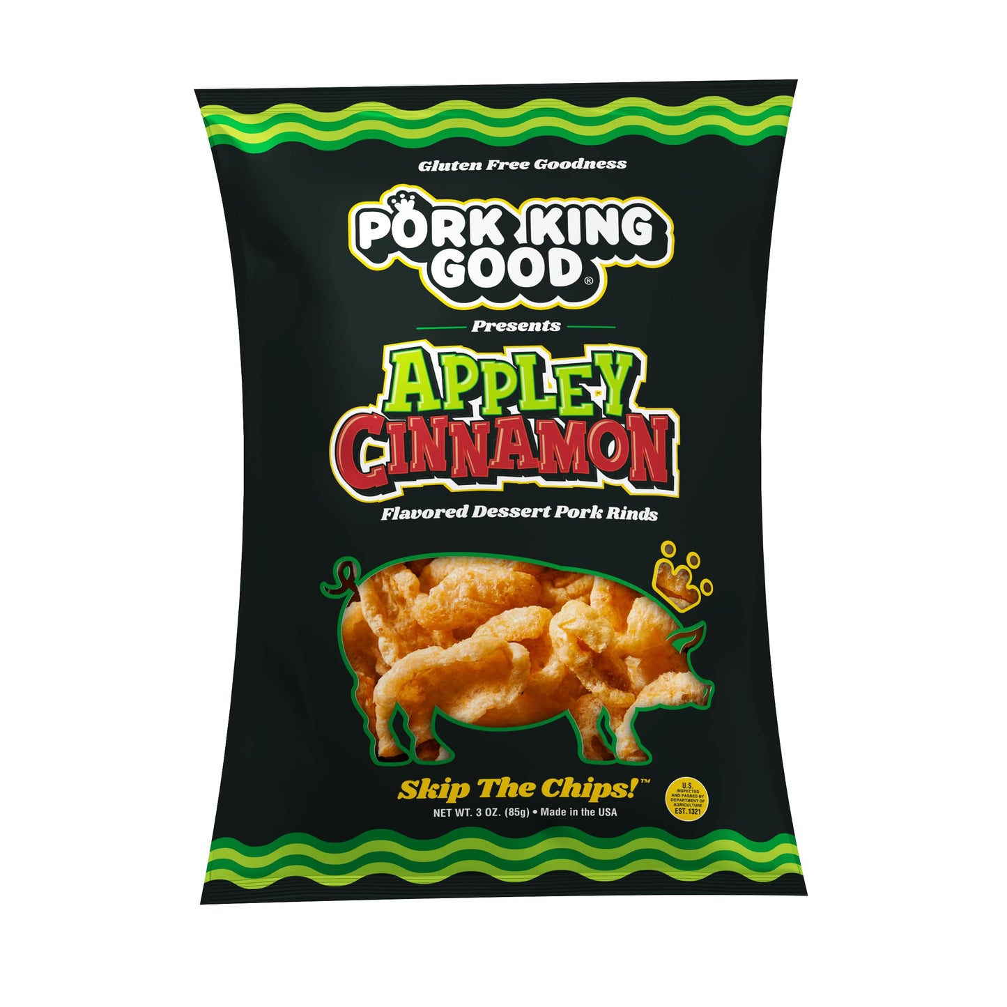 Pork King Good Appley Cinnamon 3 oz Dessert Flavored Pork Rinds - (10 Pack) Sweet and Salty, Gluten Free Snacks