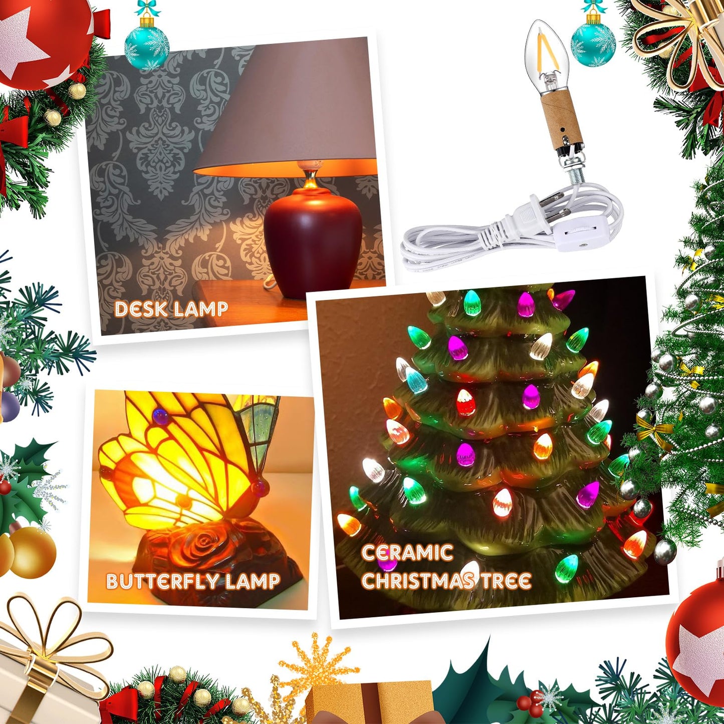 Baquler Small Christmas Tree Wiring Kit With 1.5 Watt Led Bulb Ceramic Christmas Tree Replacement Lights E12 Candelabra Base Lamp Wiring Kit Nice For Desk Lamp Lighting And Diy Projects