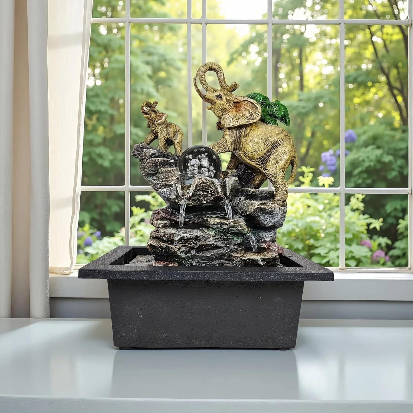Decorative Elephant Cascade Tabletop Fountain with LED Globe, 3-Tier Design, A Quiet and Soothing Indoor Desktop Fountain