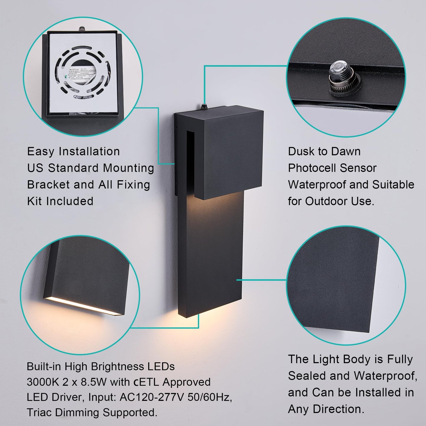 Tarentlight Dusk To Dawn Outdoor Lighting Fixture Wall Mount Modern Integrated Led 2-Light 17W Exterior Sensor Front Porch Light Textured Black Anti Rust Outside Wall Lights For House Doorway Garage