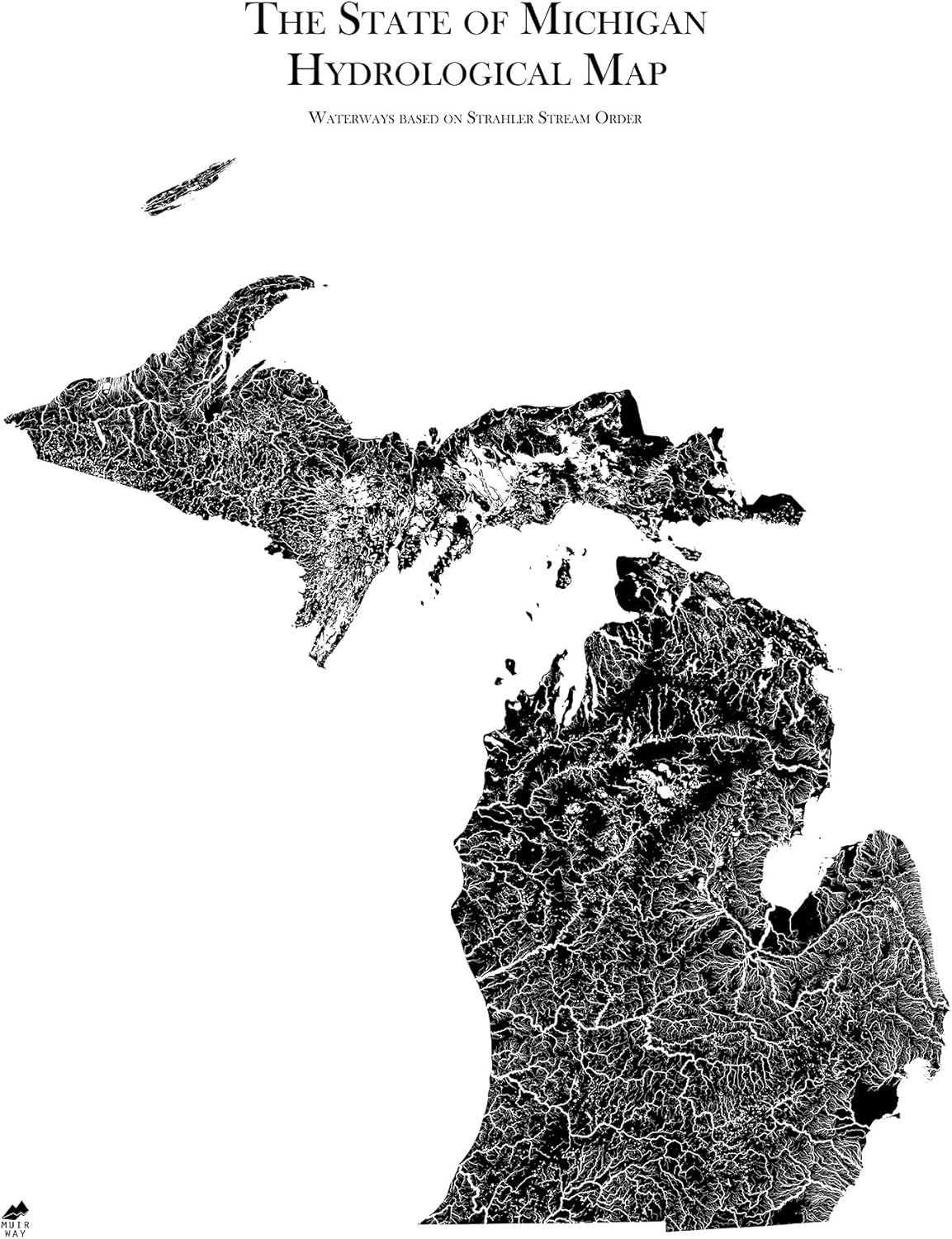 Muir Way Hydrological River Map of Michigan - Watershed Topographic Wall Art for Home, Office, or Travel Decor - Unframed Flat Paper Print, 24x30