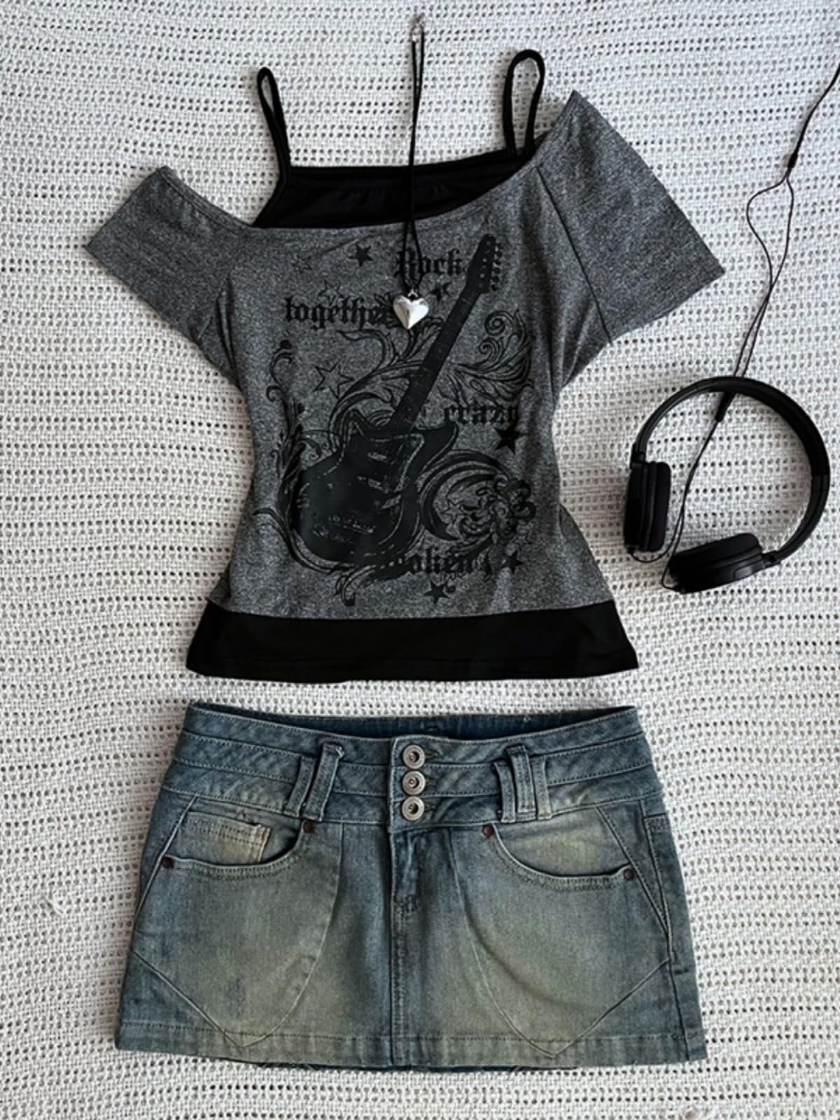 Emo Grunge Shirts Women 2000s Graphic Baby Tees Fake Two Piece Short Sleeve Vintage Y2k Crop Top Goth Alt Clothes (Grey Black,S,Small)