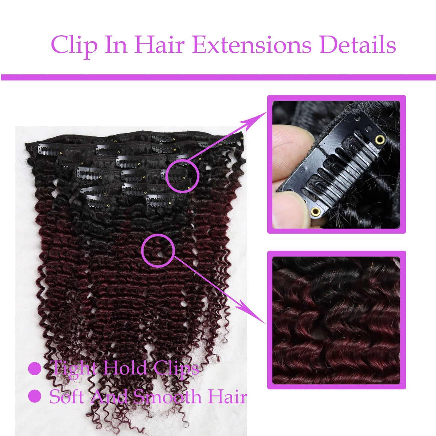 IXTUYLL Virgin Human Hair Clip In Extensions Ombre 1B 99J Kinky Curly 120 Grams Clip Ins Hair Extensions Real Human Hair Curls B
