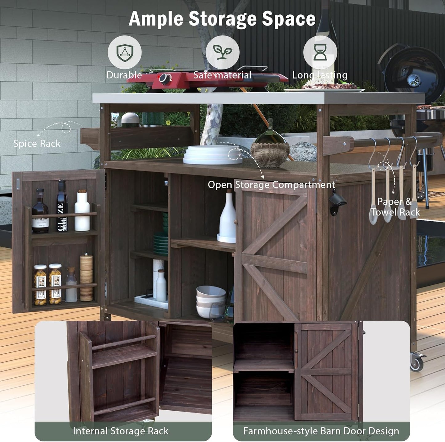 Outdoor Grill Carts for Patio Graden BBQ with Storage Cabinet, Home Rolling Kitchen Island Bar Cart with Stainless Steel Top, Food Prep Table with Shelves, Spice Rack & Towel Holder (Dark Brown)