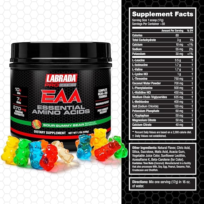 Labrada Pro Series EAA Maximum Potency Essential Amino Acid Hydrating Formula with BCAAs & Elecrolytes Recovery and Performance (Sour Gummy Bear)