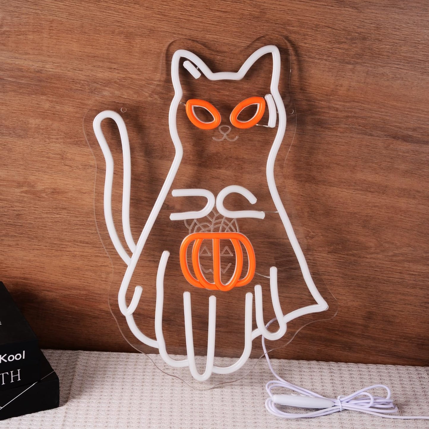 Wutrnjd Neon Light Sign - Cat Holding Jack-o-lantern, Acrylic, Halloween Decor, Trick-or-Treat, White Cat with Pumpkin