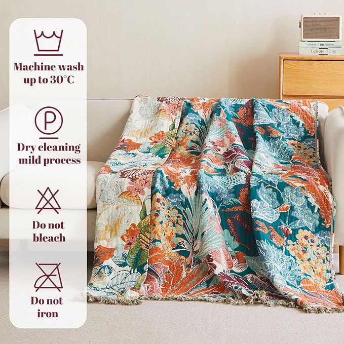 MSGKV Boho Throw Blanket for Couch 100% Cotton Floral Blanket 50"x60" Sofa Bed Chair Blanket All Seasons Farmhouse Muslin Breathable Lightweight Blankets Home Decor