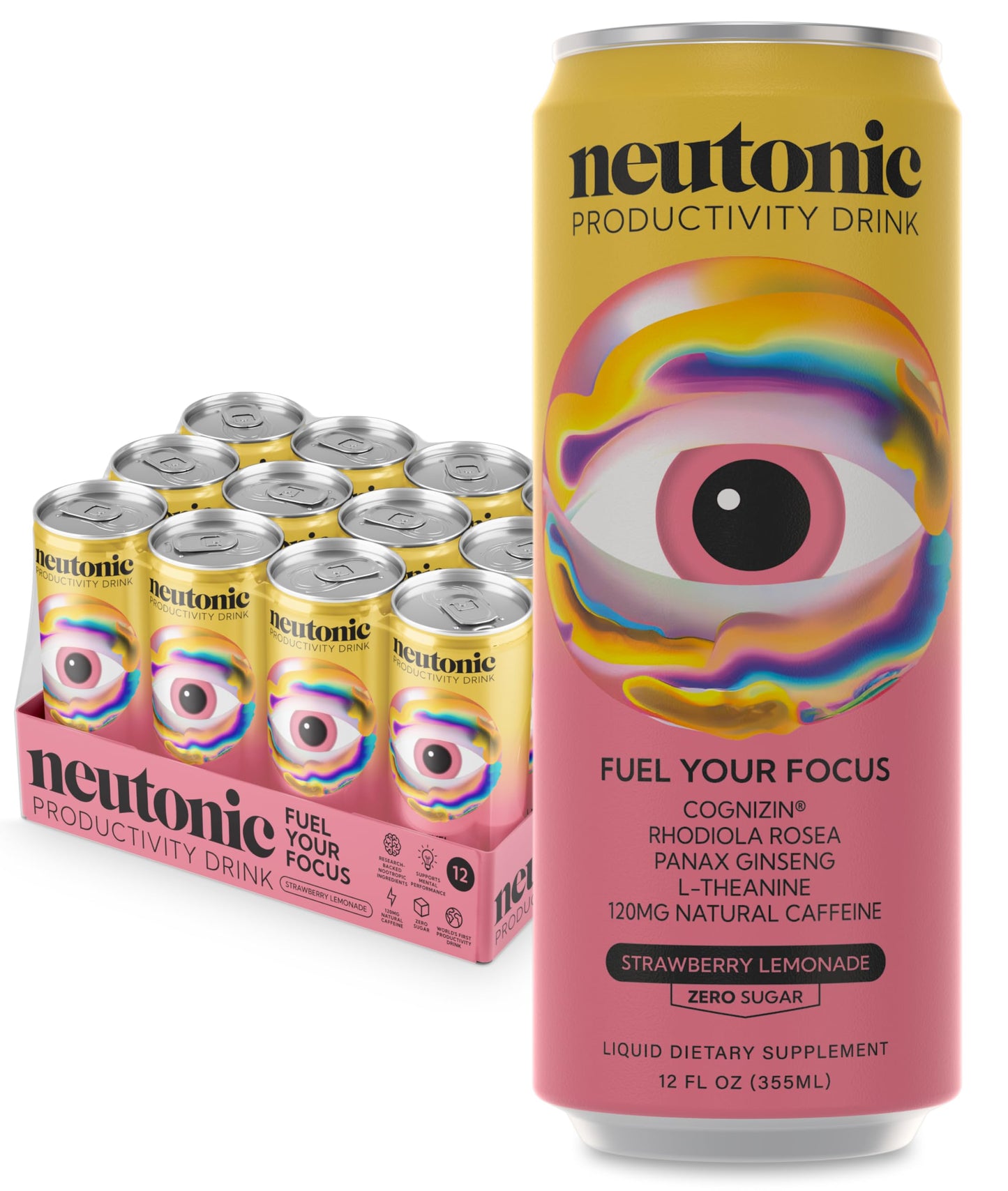 Neutonic Nootropic Energy Drink, Strawberry Lemonade, 120mg Caffeine, Zero Sugar, 12 Cans, 11.16 Fl Oz Each