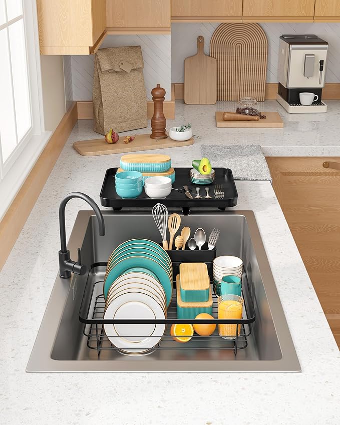 Stainless Steel Dish Drying Rack for Kitchen Counter, Sink Organization and Storage Essentials with Silverware & Utensil Holder, Home and Apartment Decor, 12''W x 15.5''L, Black