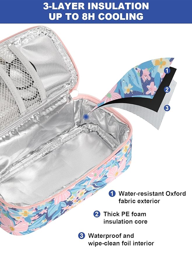 YOUSHARES Breastmilk Cooler Travel Bag with Digital Thermometer, Small Insulated Baby Milk Storage with 2 Ice Packs, Daycare and On-The-Go Moms (Pastel Flowers)