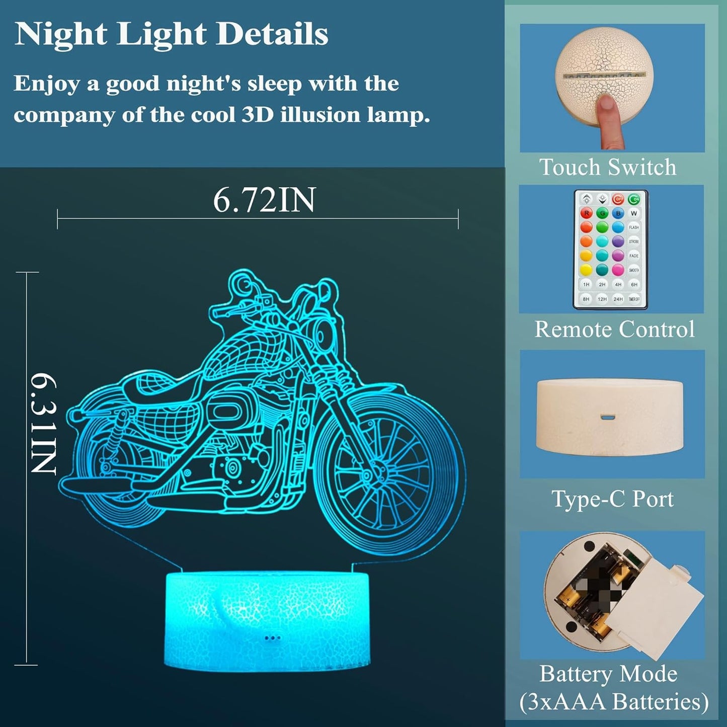 Motorcycle Gifts, Motorcycle Night Light, Motorbike 3D Illusion Lamp, 16 Colors Changing, Timer, 4 Flash Modes and Dimmable,LED, Kids Room Decoration, Xmas Birthday Gifts