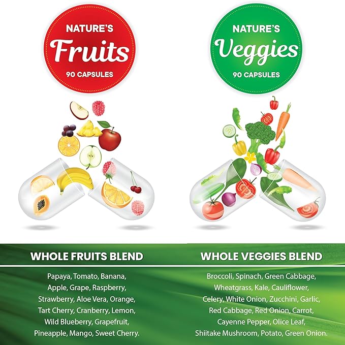 Superfood 180 Fruit and 180 Veggie Capsules - Whole Food Natural Superfoods - Maintain Energy Levels, with Aloe Vera - Soy Free (90 Count (Pack of 4)