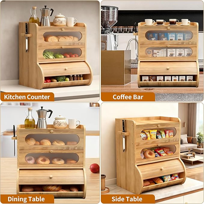 Bread Box for Kitchen Countertop, 3 Tier Large Capacity Breadbox, with Window, Cutting Board Rack and Knife Holder, Bamboo Bread Container, Under Cabinet Organizer