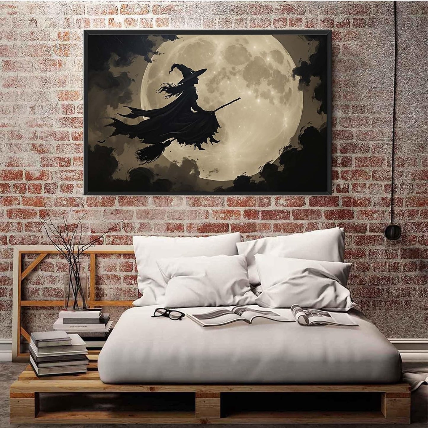 JFHCQJPK Full moon witch silhouette poster witch on magic broom Halloween mural poster decorative mural art suitable for home living room bedroom12x16in Metal blackFramed