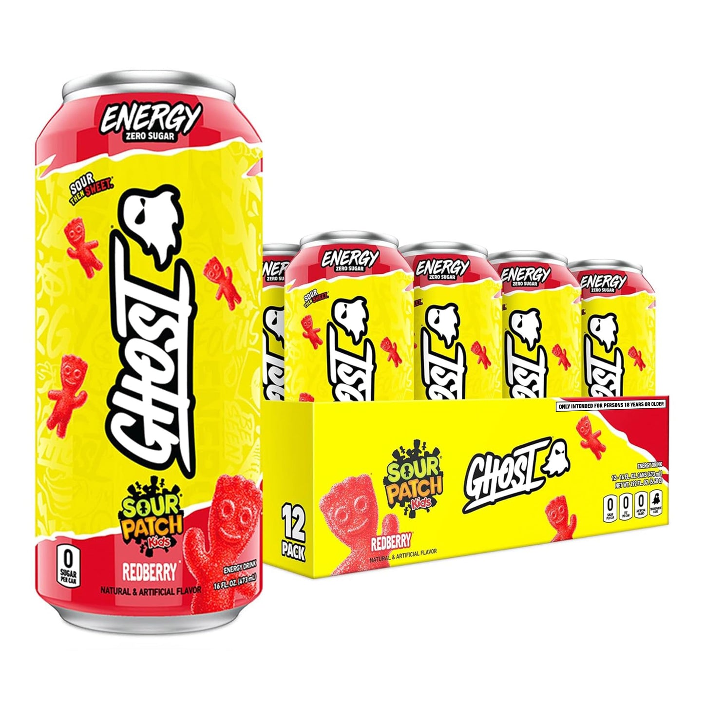 GHOST Energy Drink - 12-Pack Sour Patch Kids Redberry 16oz - Energy & Focus & No Artificial Colors - 200mg of Natural Caffeine L-Carnitine & Taurine - Gluten-Free & Vegan