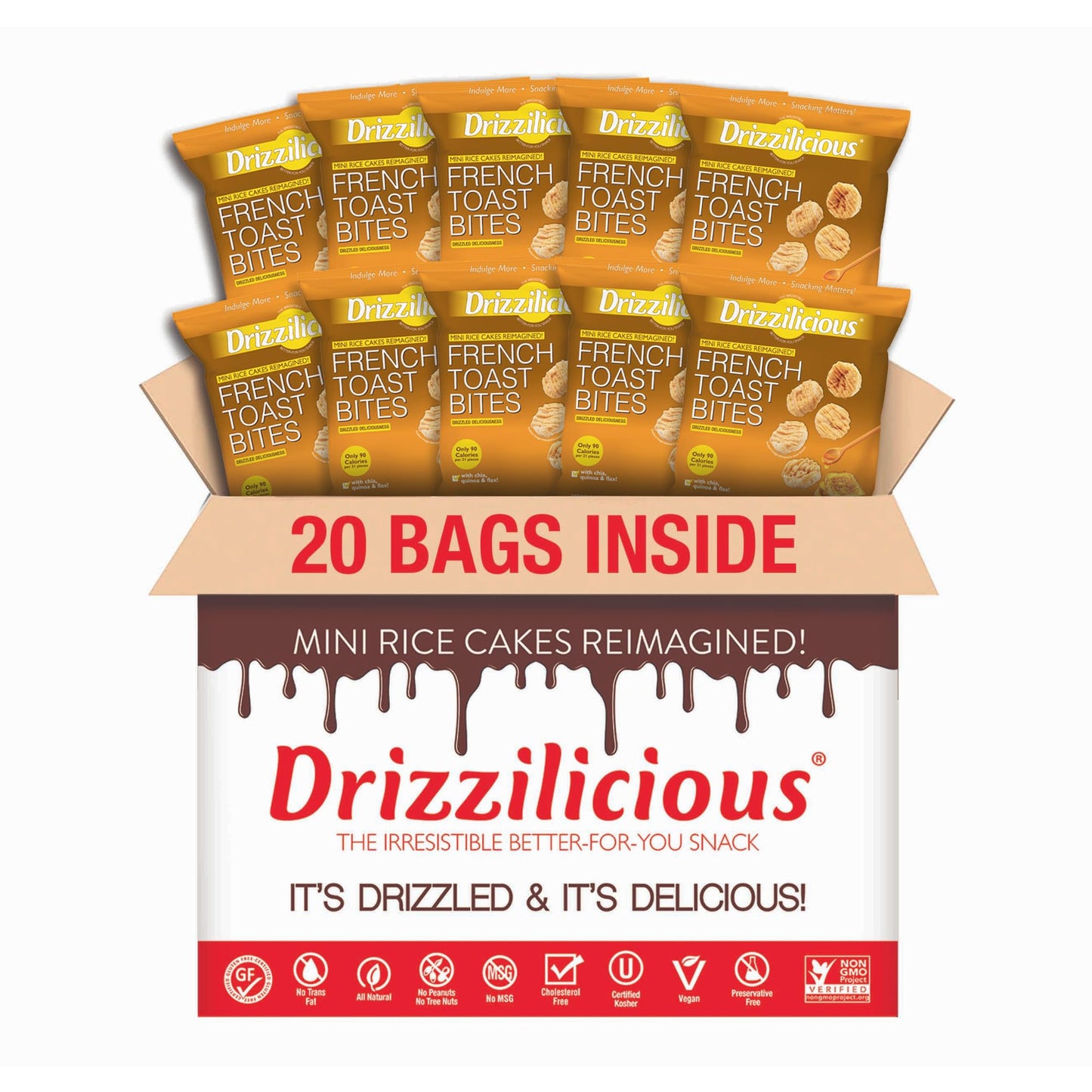 Drizzilicious Mini Rice Cakes French Toast - Rice Crisps Healthy Snack for mature-themeds and Kids Flavored Rice Cakes Vegan Gluten Free Allergen Free Only 90 Calories Per Bag - .74 oz (Pack of 20)