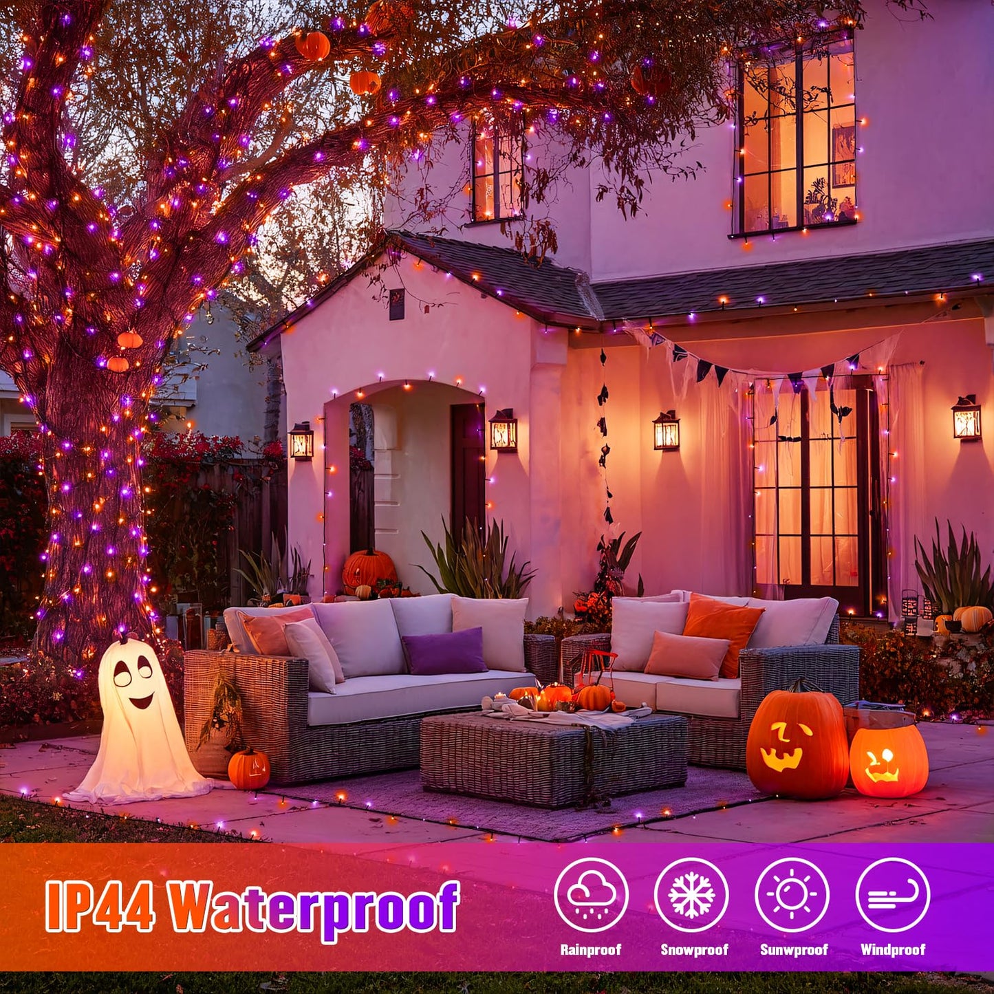 JMEXSUSS Solar Halloween Lights, 2 Pack 100 LED, Waterproof Orange & Purple, Model JM-S-100