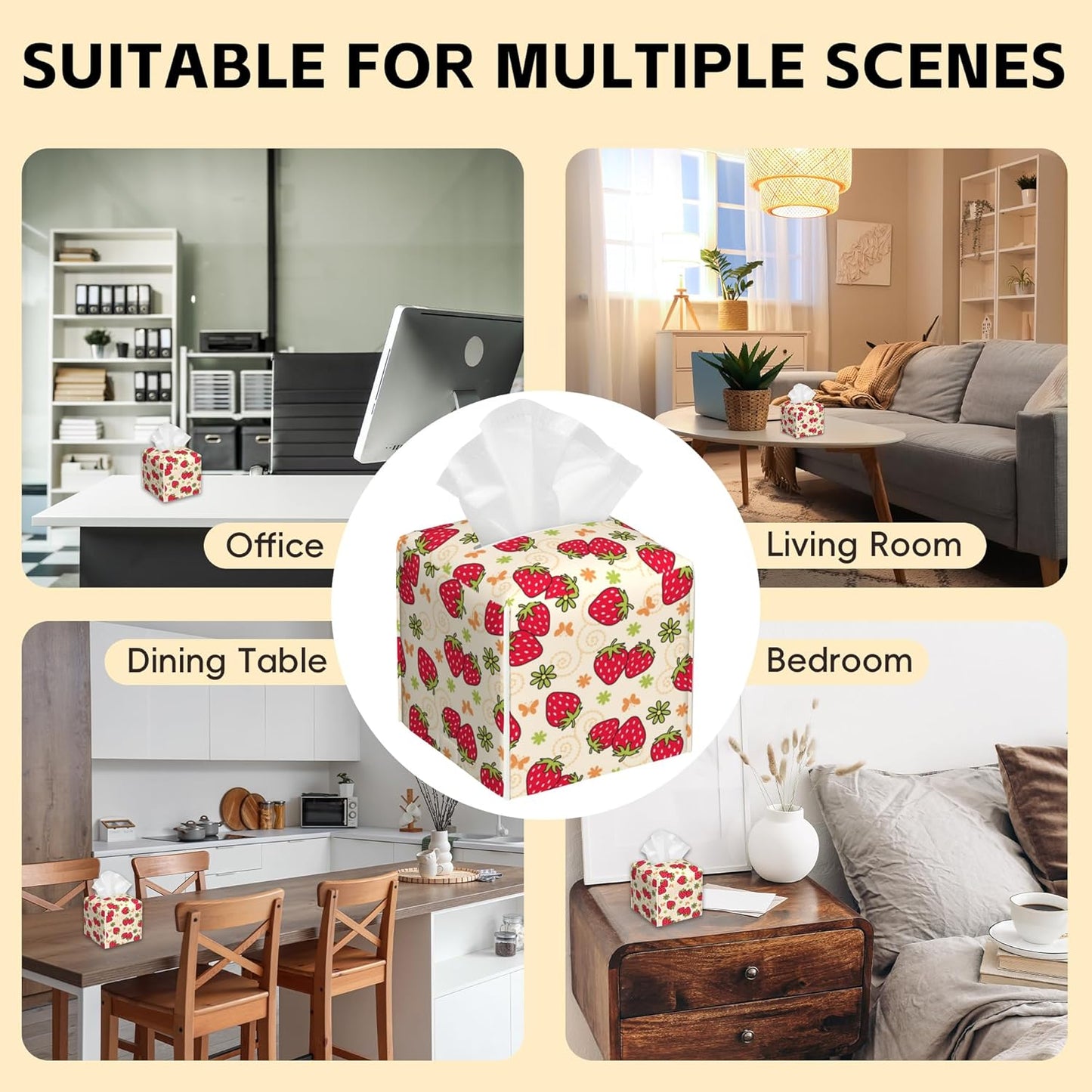 Tissue Box Cover Square,Strawberry and Floral Tissue Box Holder Waterproof Leather Facial Paper Case Modern Home Decoration for Bedroom Dresser Night Stand Office Desk