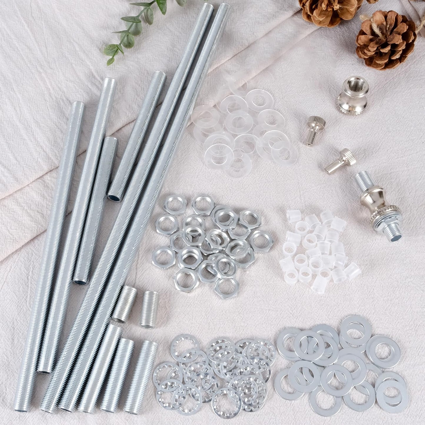 Goochan Lamp Repair Hardware Assortment - Metal, Silver, 12 Inch Rod Kit With Nipples, Connectors, Switch Knobs, Washers & Lock Nuts