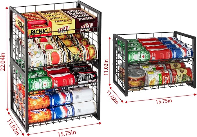 X-cosrack 2 Packs Stackable Can Rack Organizer for Pantry, 2-Tier Adjustable Pantry Can Storage Organizer for Canned Food Can Goods, Kitchen Can Dispenser Holder for Soda Drinks Snack, Black