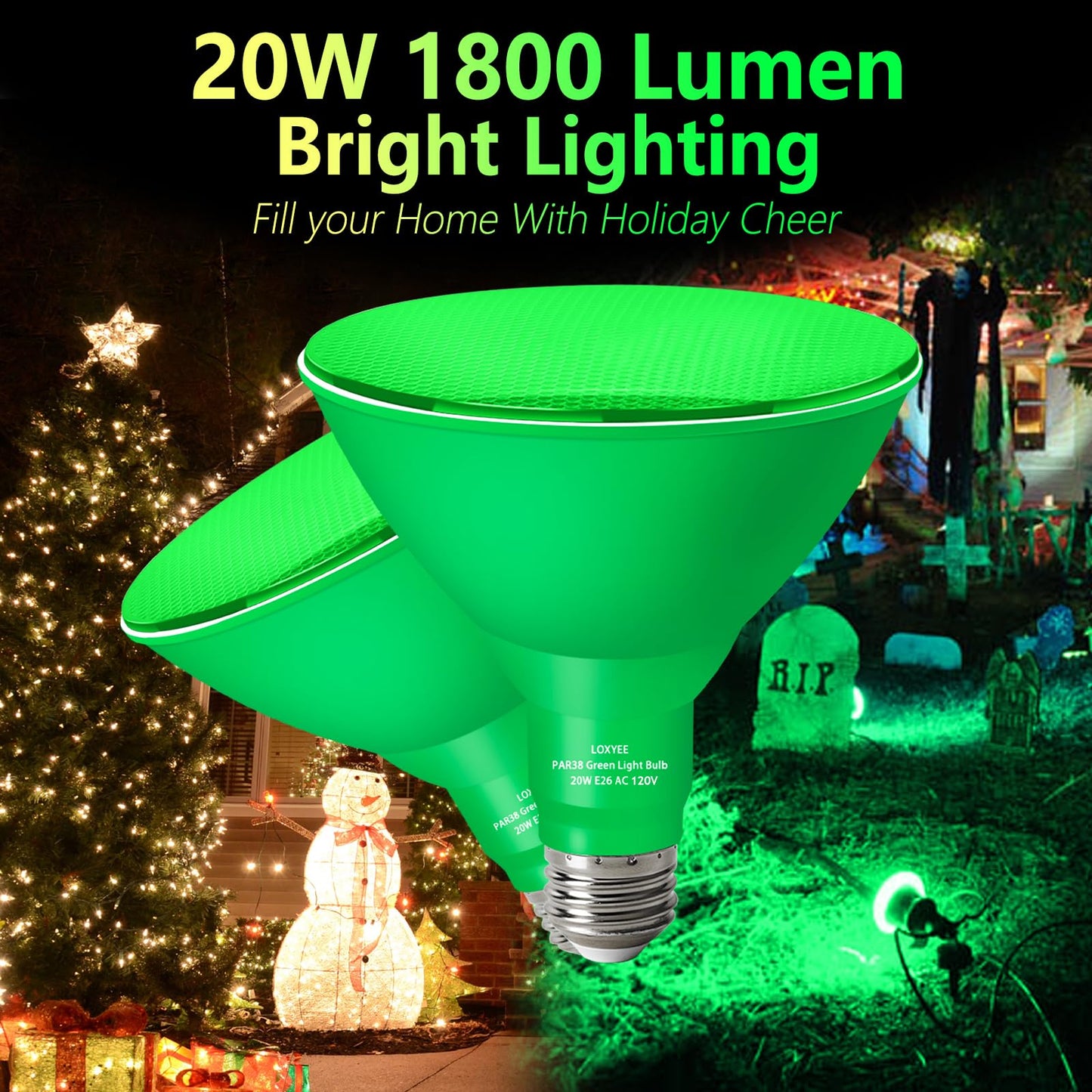 LOXYEE PAR38 Flood Light Bulb 20W Equivalent, Dimmable, E26 Base, Green, 4 Pack