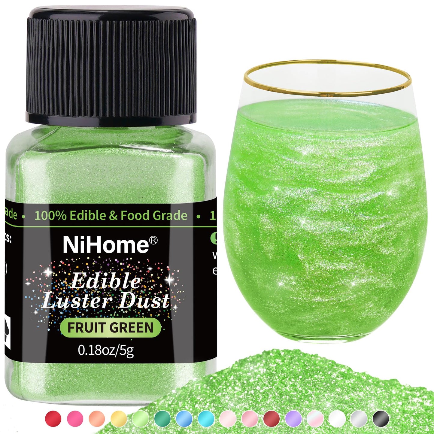 NiHome Edible Food-Grade Glimmer Powder Glitter Luster Dust Metallic Food Decorating Sprinkle Glimmery Dust for Drink Wine Beverage Cake Candy Dessert Bakery Restaurant Vegan (0.18oz/5g Fruit Green)