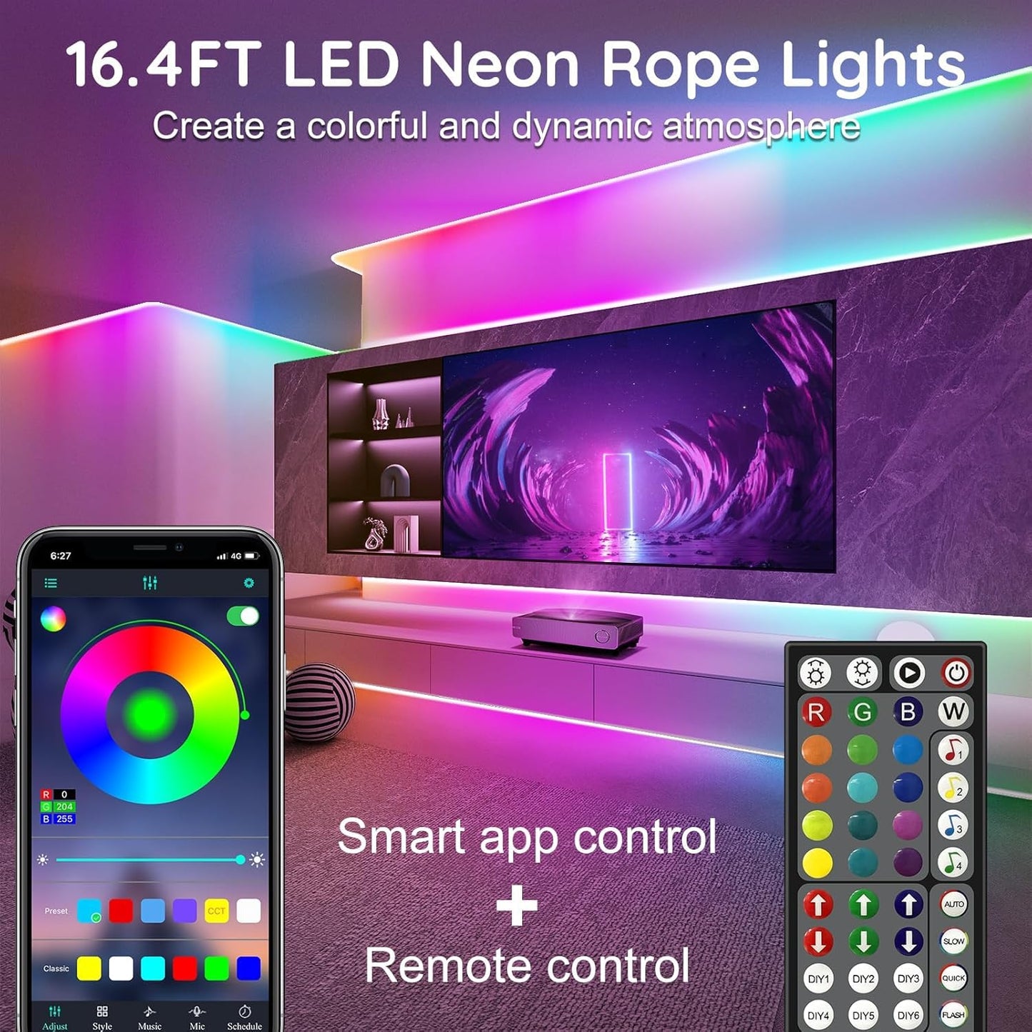 RCUICA Neon Rope Lights, 32.8FT Flexible LED, RGB Waterproof, App/Remote Control, IP65 Outdoor Use