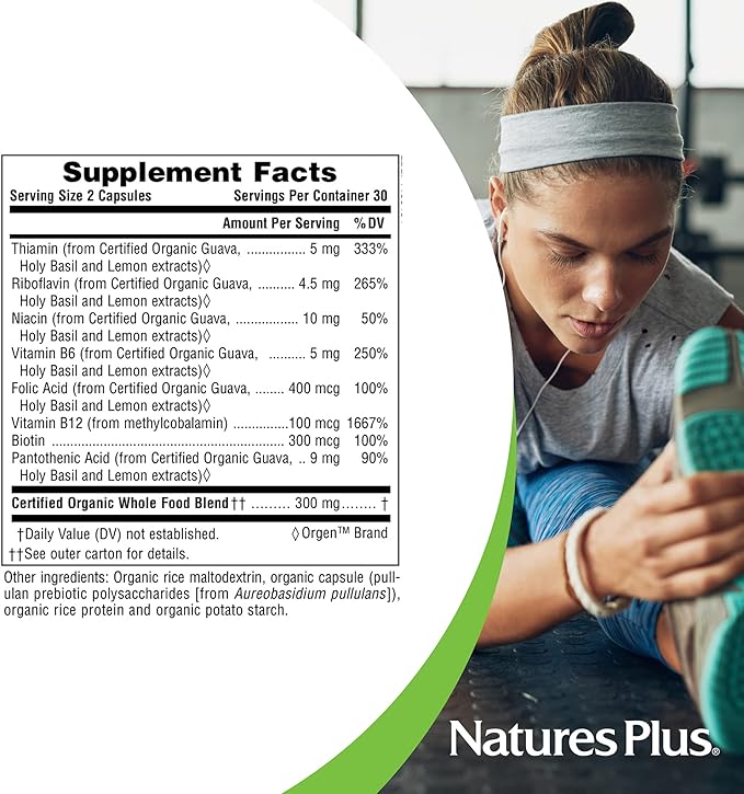 NaturesPlus Source of Life Garden Certified Organic B Complex - 60 Vegan Capsules - Complete Vitamin B Supplement, Energy Booster - Vegetarian, Gluten-Free - 30 Servings