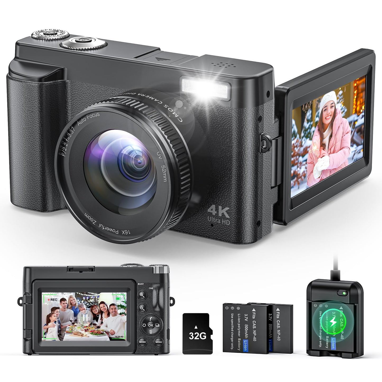4K Digital Camera for Photography and Video, Autofocus Anti-Shake 48MP Vlogging Camera for YouTube, 3 180Flip Screen Camera wi