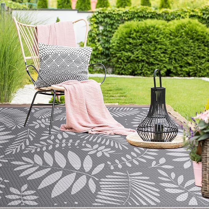 Outdoor Rug, Patio Rug, Plastic Straw Camping Rugs, Large Waterproof Area Rug and Mat for Outdoors, RV, Patio, Backyard, Deck, Porch, Beach, Balcony, (6'x 9', White&Gray)