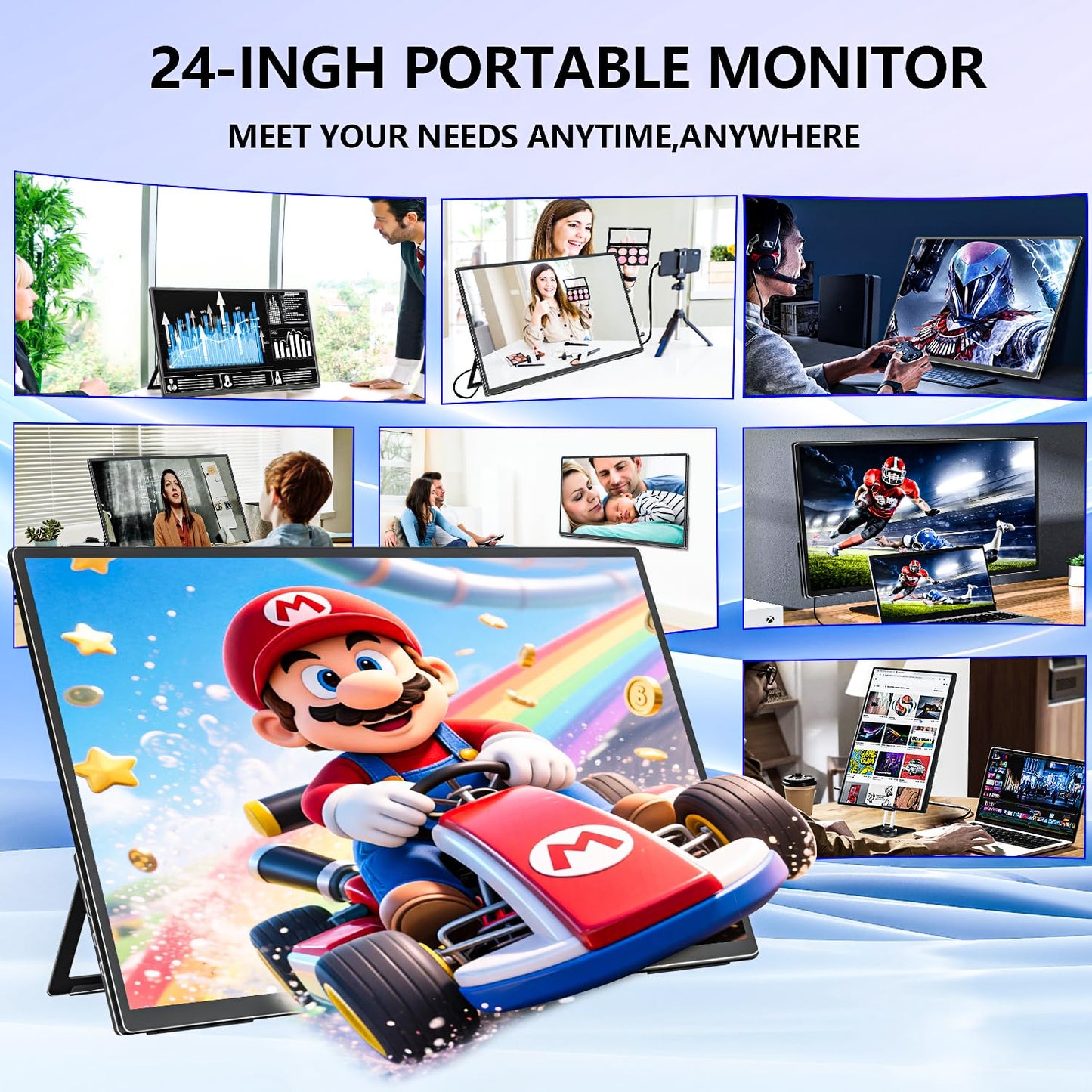 odmenot 4K Large Portable Monitor 24“ Travel Monitor UHD 3840 * 2160 120% sRGB External Second Screen for Desktop Laptop Mini PC MacBook W/Stand VESA HDMI USB-C Gaming Display for PS5/Xbox (OS24-4K)
