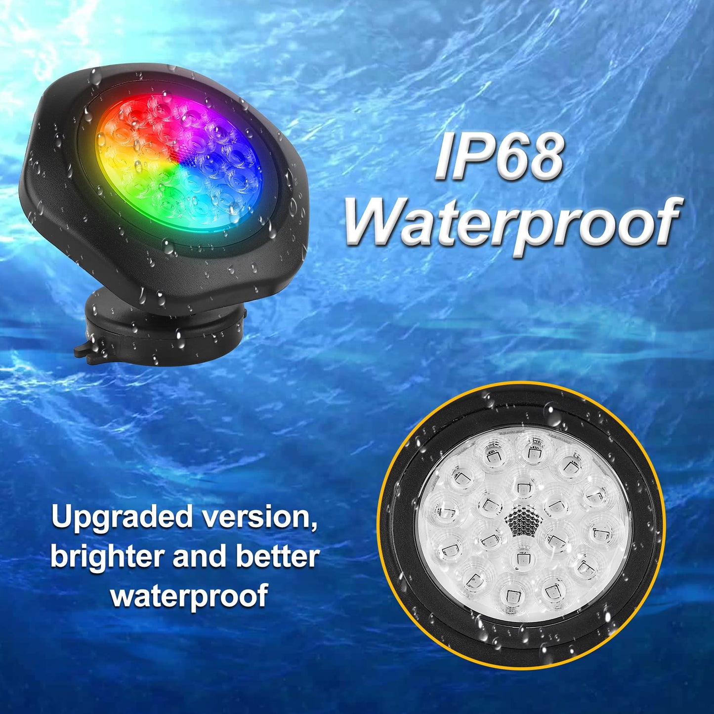 CREPOW RGBW Pond Lights - 18 LED Submersible Fountain Lights, Remote Control, IP68 Waterproof, Multicolor, Set of 3, Model TS-F2230