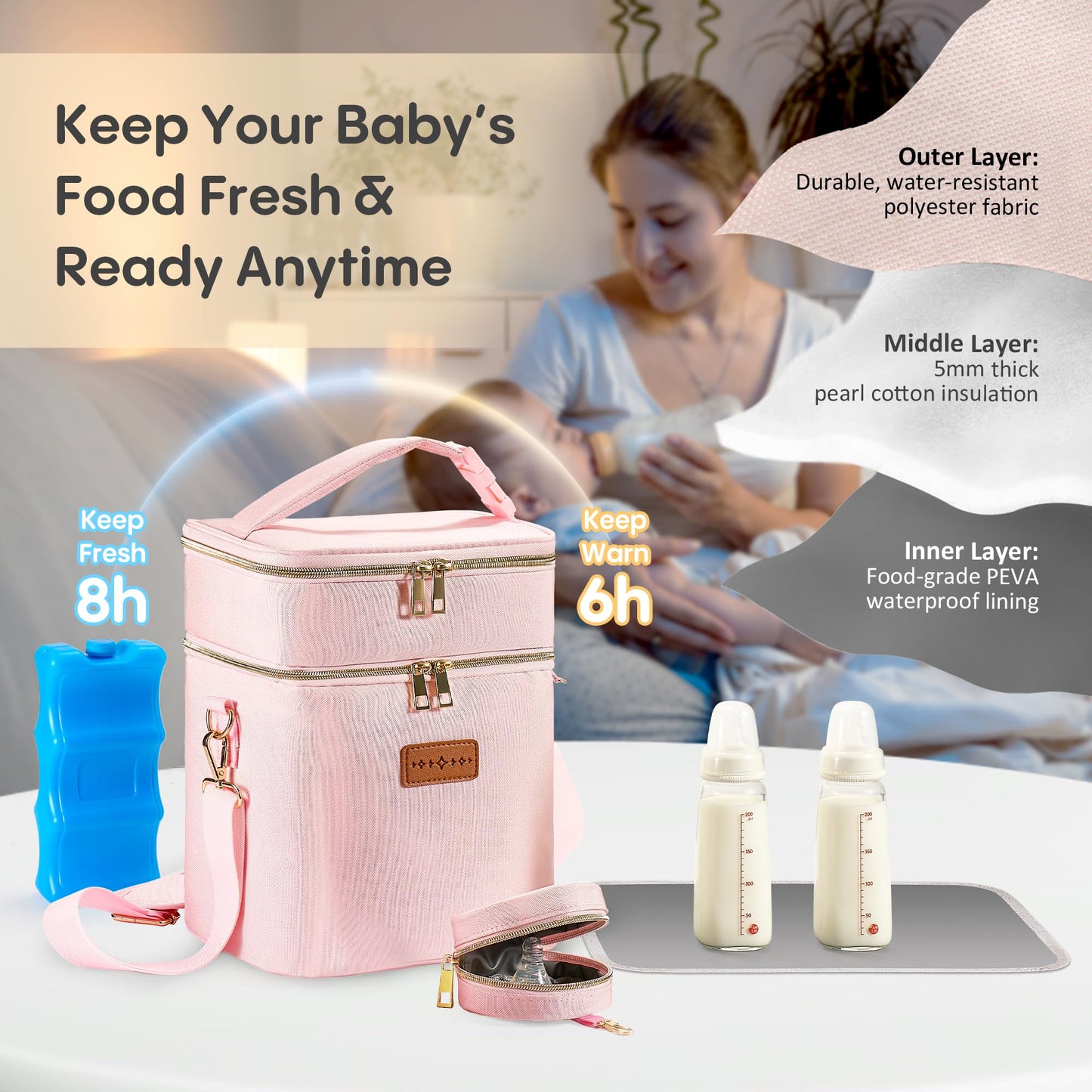 Breastmilk Cooler Bag with Ice Pack & Pacifier Case, Fits 6 Bottles up to 9 oz, Double Layer Insulated Baby Bottle Bag for Working Nursing Moms Gift Set,Pink
