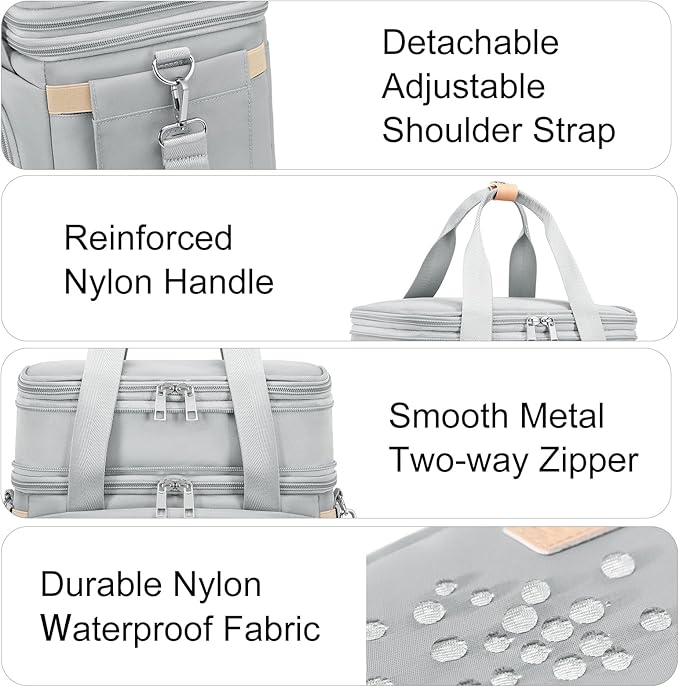 Lunch Box for Men Women - Double Deck Insulated Lunch Bag, Large Leak Proof Tote Cooler, Wide Open Dual Compartment Lunch Bags with Shoulder Strap, For Work Picnic Hiking Beach, Grey