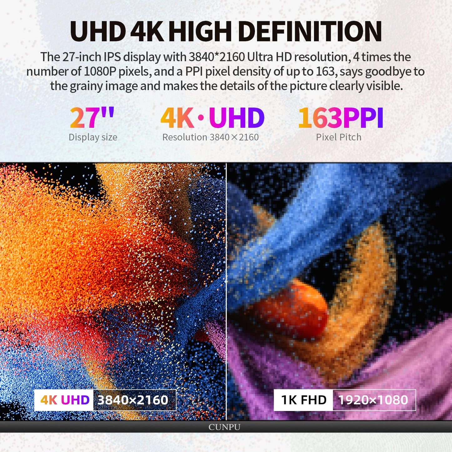 CUNPU 27 Inch 4K 70Hz Monitor, UHD (3840 * 2160) IPS Ultra-Slim Bezel Monitor for Photo Video Editing, ΔE < 2, 100% DCI-P3, 1.07B+ Colors, PIP-PBP, Adaptive Sync, DP/HDMI, Black