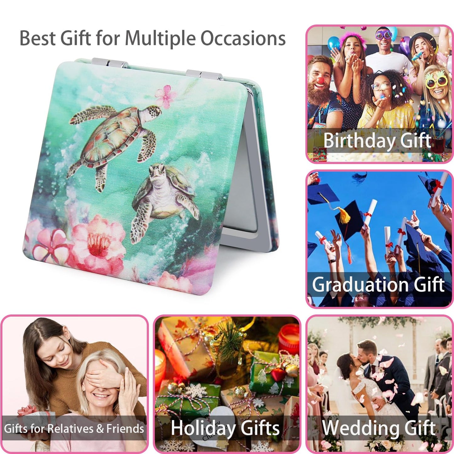 PDOZV Pocket Mirror for Women, 2 Pcs Square 2.8 PU MarineAnimal Style Double Sided 1X/3X Mirror for Purse Travel Compact Mirr
