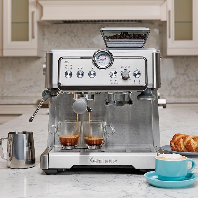 Kenmore Espresso Machine – Automatic Coffee Maker with Manual Tamper, Auto Cleaning, Milk Steamer & Frother, Bean Grinder, Brew Professional Barista Style Cappuccino, Café Latte